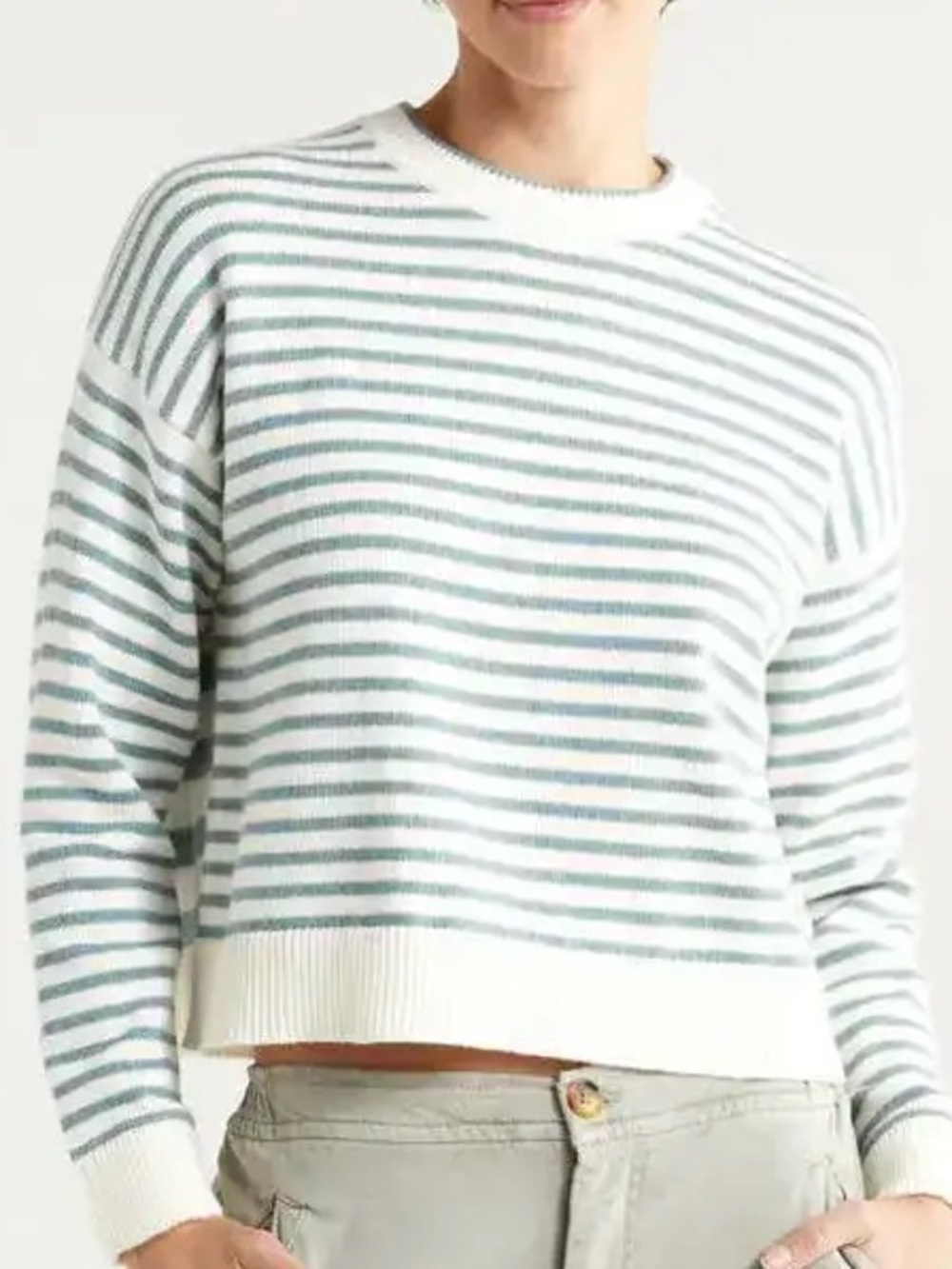 Marine Layer Cream and Sage Striped Crewneck Sweater